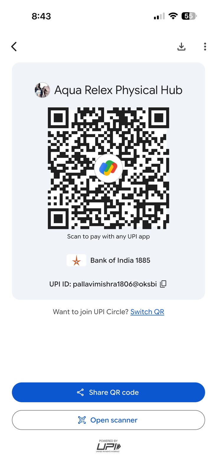 UPI QR code for Aura Zumba and Dietician online payment
