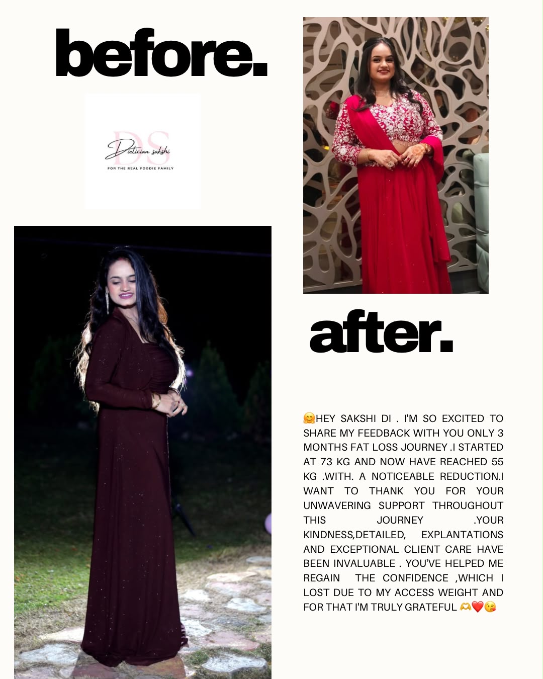 Client transformation testimonial after diet plan by Sakshi Sharma
