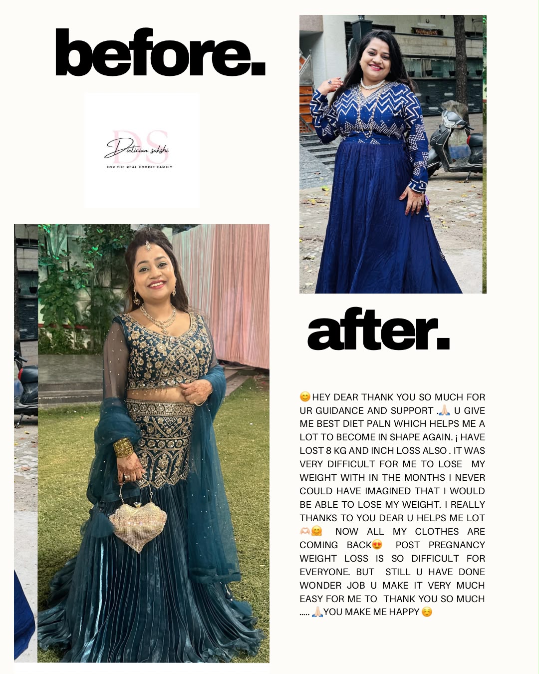 Post-pregnancy weight loss testimonial for Sakshi Sharma diet plan